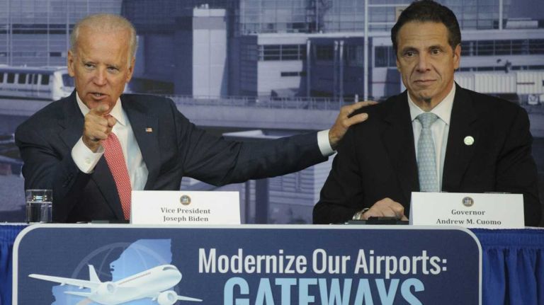 Biden joins Cuomo to stump for better NYC airports 1 Vice President Joe Biden and Governor Andrew Cuomo in a hanger at Vaughn College of Aeronautics and Technology in Queens.