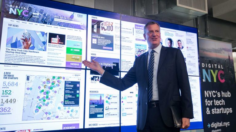New York Mayor Bill de Blasio speaks at the unveiling of the new digital.nyc website at a building in DUMBO in Brooklyn on October 1, 2014.