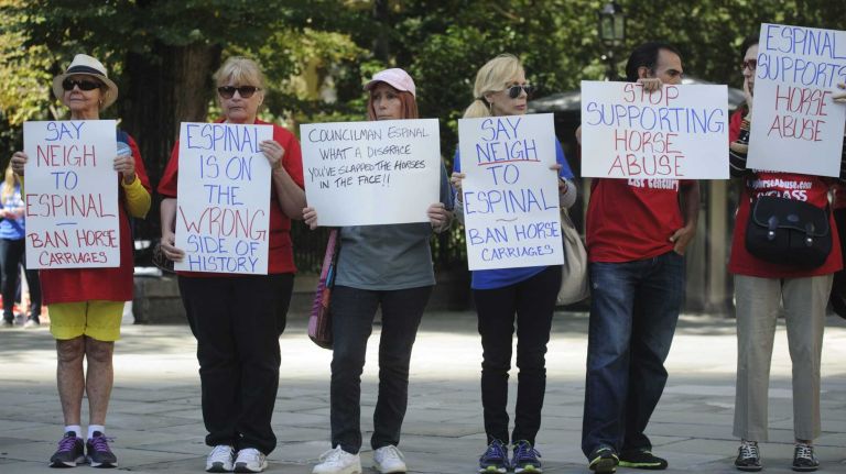 Members of NYCLASS hold a silent protest as New York City Council Member and Chair of Consumer Affairs, Rafael Espinal Jr. announces that he is against a proposed ban of Central Park's horse-drawn carriages during a news conference in front of City Hall on Wednesday, Sept. 10, 2014. New York City Mayor Bill de Blasio has long opposed the carriages as inhumane to horses.