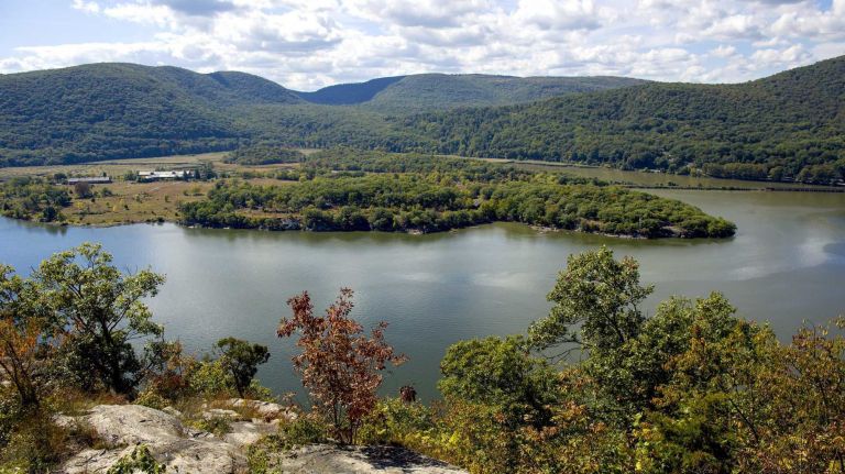 Iona Island, top center, and the Hudson River from an overlook south of the Bear Mountain Bridge.