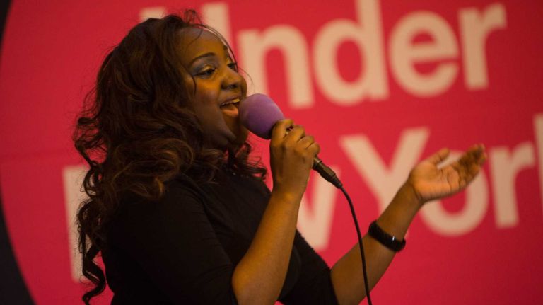 Jasmeen Thomas, a Universal Songstress, performed at the 27th annual auditions for Music Under New York in Grand Central Terminal's Vanderbilt Hall. 