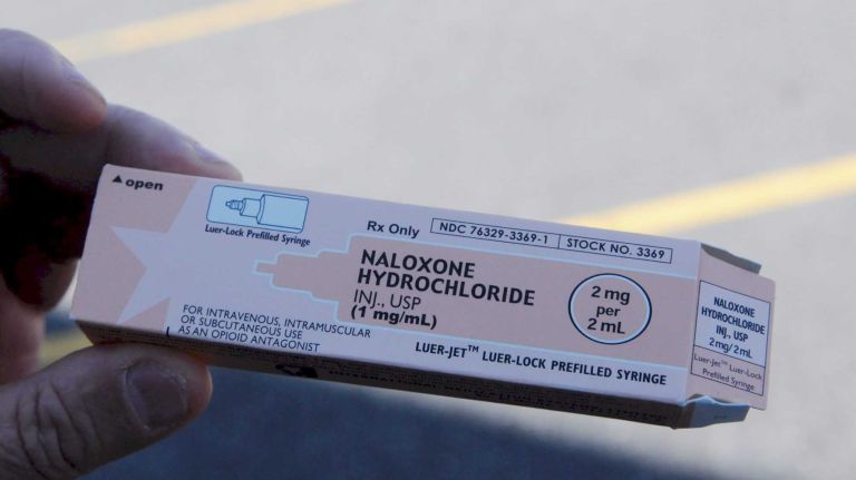 Naloxone seen at a press conference at the police academy in Brentwood Thursday morning on April 3, 2014 where attorney general Eric Schneiderman held a press conference and announced that all police officers statewide will be trained on how to use Heroin Antidote Naloxone.