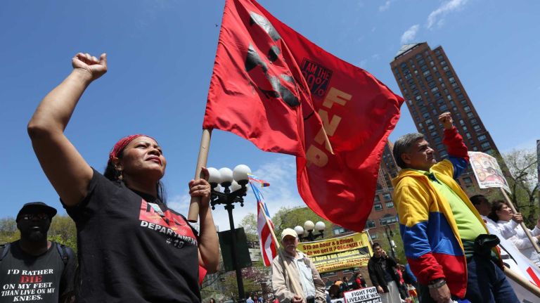 Lucy Pagoada, from Queens, at a May Day rally in Union Square sponsored by the May 1st Coalition, Thursday, May 1, 2014. 