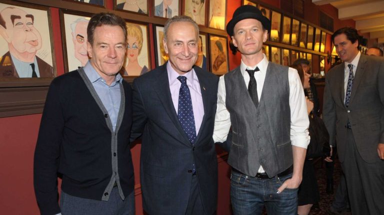 Bryan Cranston, U.S. Sen. Charles Schumer and Neil Patrick Harris during a news conference at Sardi's in Manhattan about tax benefits for Broadway on April 7, 2014.