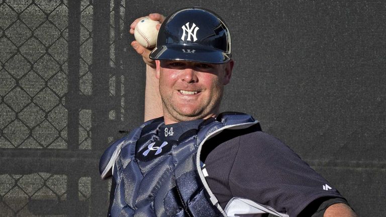 New York Yankees catcher Brian McCann works out at Steinbrenner Field on the morning of February 17, 2014.