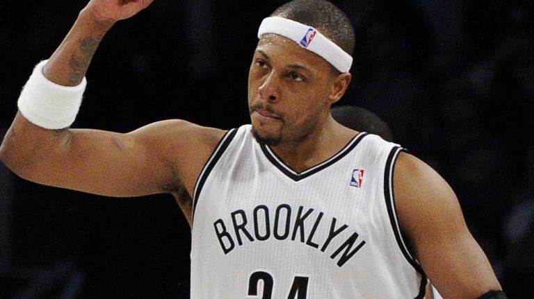 Paul Pierce reacts after he sinks two free throws with 17 seconds left against the Toronto Raptors at the end of the fourth quarter. (Jan. 27, 2014)