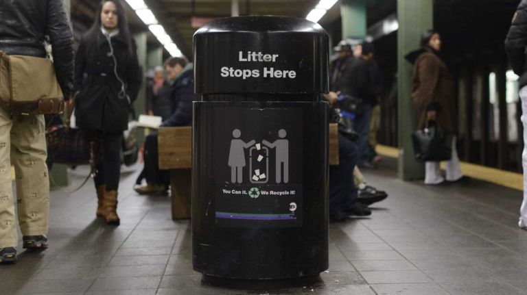 A trash can on the N Q R platform at the Times Square subway station. (Jan. 27, 2014)