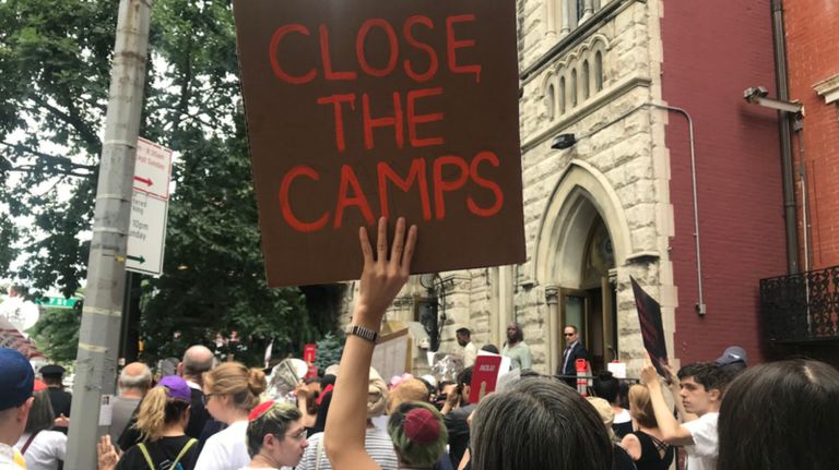 People protesting immigrant detention facilities gather&nbsp;in Manhattan on Tuesday to call for their closure.