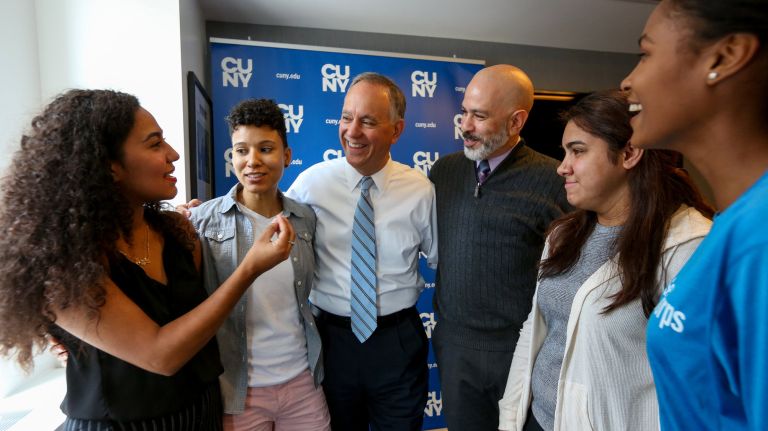 CUNY students who have gone&nbsp;or are planning to go to Puerto Rico to volunteer this summer meet with Chancellor Felix Matos Rodriguez, in tie,&nbsp;at his office in midtown on Monday. From left: Jacqueline Ayende Rodriguez, Lina Maldonado, chaperone&nbsp;Nestor Melendez, Arlys Tineo&nbsp;and Soreily Sarante.