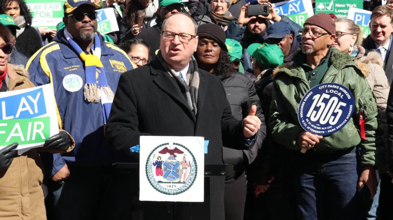 City Council Speaker Corey Johnson announced he removed Councilman&nbsp;Barry Grodenchik, center, from the budget negotiation team because he is facing a harassment complaint.&nbsp;