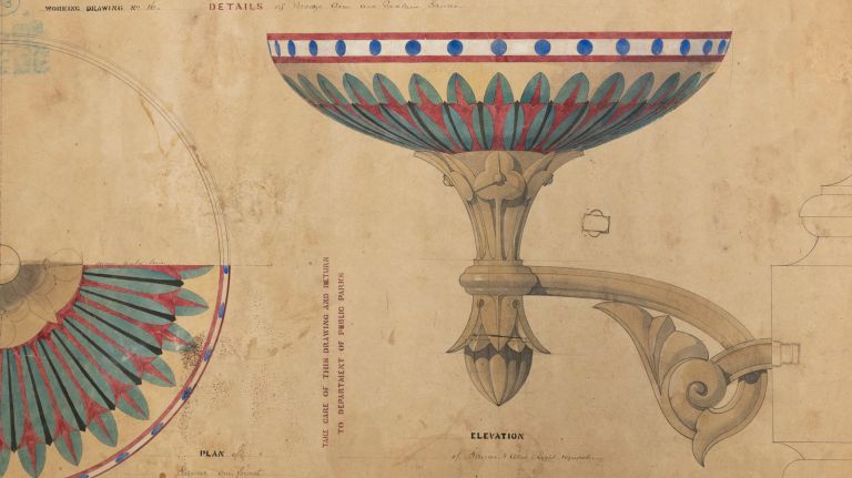 An original architectural drawing shows a proposed drinking fountain for horses.
