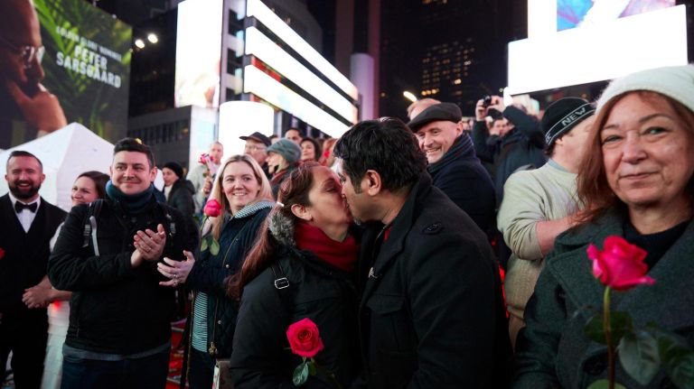 Couples renew their vows on the Red Steps each year in Times Square.