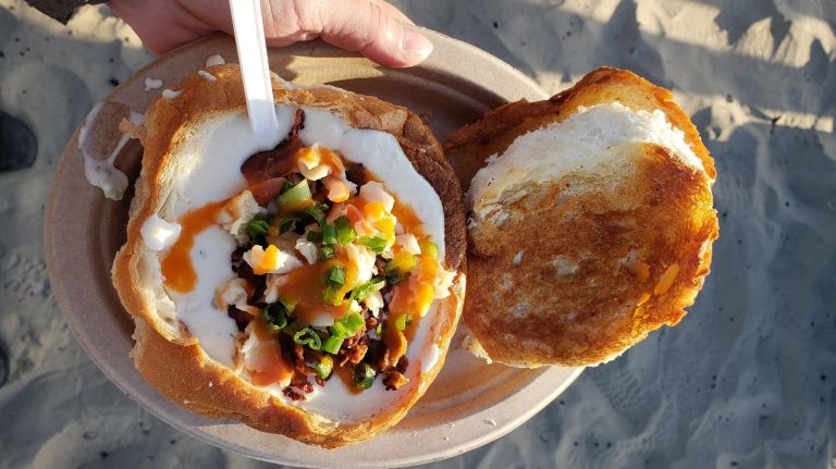 Clam chowder on the beach, courtesy of Splash Cafe at Pismo Beach.