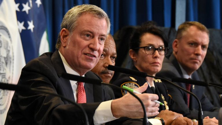 Mayor Bill de Blasio discusses the latest crime statistics on Tuesday, saying a rise in hate crimes "unquestionably" indicates&nbsp;a need to teach more tolerance in the city.