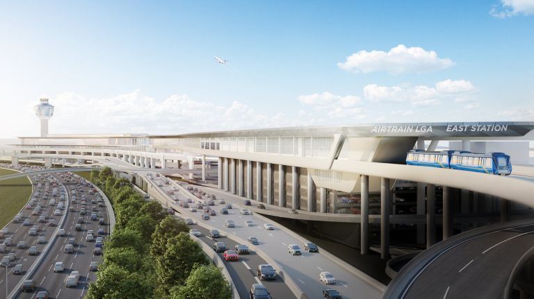 An artist's rendering made available on July 31, 2018, shows an AirTrain approaching LaGuardia Airport.