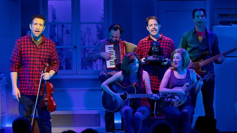 David Rossmer, left,&nbsp;and Steve Rosen as different Josh Cohens, along with the company of "The Other Josh Cohen."