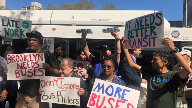 As MTA faces budget crisis, pols warn against bus, subway service cuts 2 Advocates and elected officials rally near Brooklyn Borough Hall Thursday against potential cuts to bus and subway service that could be looming this fall.