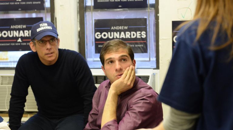 Ben Stiller, left, canvassed for a political candidate for the first time Monday when he joined state Senate candidate Andrew Gounardes on the trail. &nbsp;