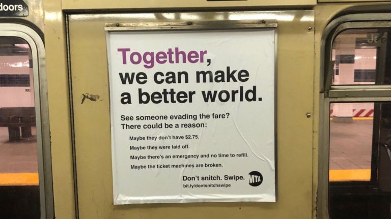 Guerrilla MTA signs tell New Yorkers, 'Don't snitch. Swipe,' defending fare evaders 2 Mock MTA ads defend people who can't pay subway fares.