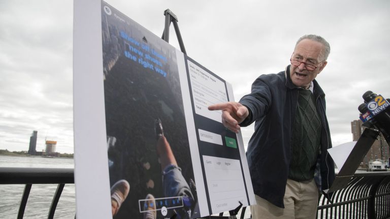 Schumer calls for helicopter company to end doors-off flights 1 Senate Minority Leader Chuck Schumer criticizes FlyNYON's doors-off flights during a news conference Sunday.