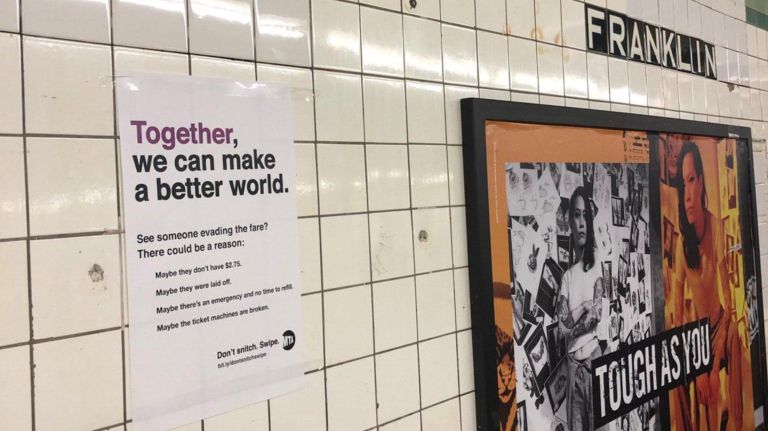 Guerrilla MTA signs tell New Yorkers, 'Don't snitch. Swipe,' defending fare evaders 4 The mock ads were posted in stations and on subway cars.