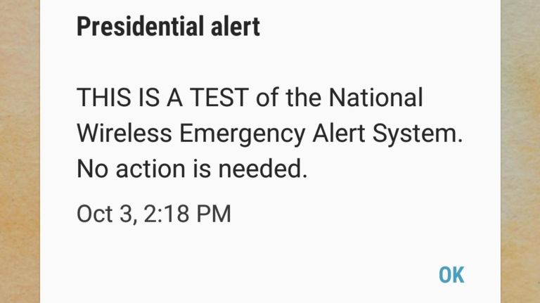 Presidential Alert test pushed to cellphones by federal government 1 A Presidential Alert test is seen on this cellphone screenshot on Wednesday, Oct. 3, 2018.
