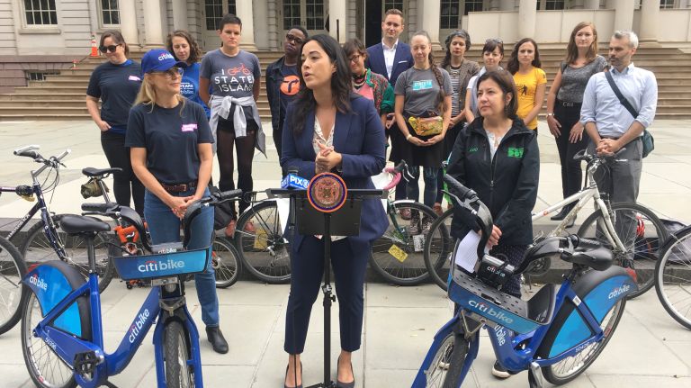 Councilwoman Carlina Rivera, on Monday, explains the need for&nbsp;legislation that&nbsp;ensures bike lanes near construction sites are kept clear.