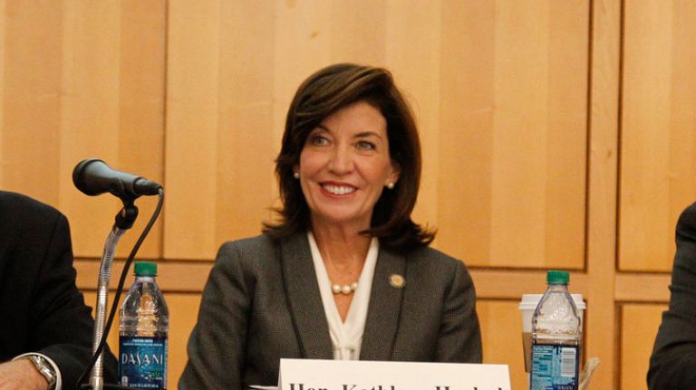  Hofstra University President Stuart Rabinowitz,  Lt. Gov. Kathy Hochul and Kevin Law, president of Long Island Association, meet in February in Hempstead. 
