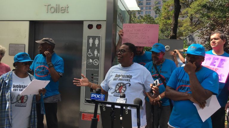 Councilman Antonio Reynoso, homeless advocates urge city to install public restrooms 1 Monique George, of Picture the Homeless, calls on the city to install automated public toilets currently in storage.