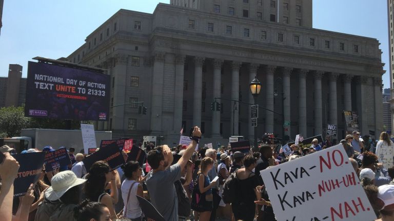 Hundreds gathered in Foley Square on Sunday to protest the nomination of Judge Brett Kavanaugh to the Supreme Court. 