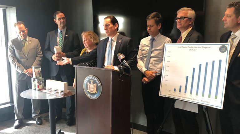 Bill would ban single-use plastic toiletries from New York hotels 2 State Sen. Todd Kaminsky, at lectern, introduces a bill to ban single-use plastic toiletry containers in New York hotels.