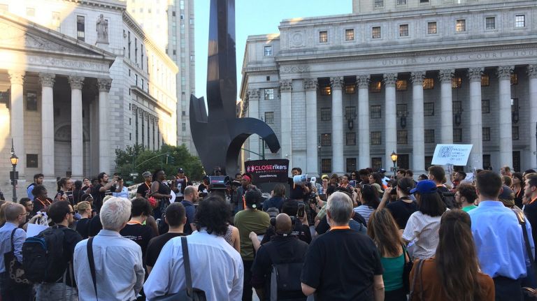 Criminal justice reform advocates held a rally related to Juneteenth, the anniversary of the abolition of slavery, in lower Manhattan Tuesday.