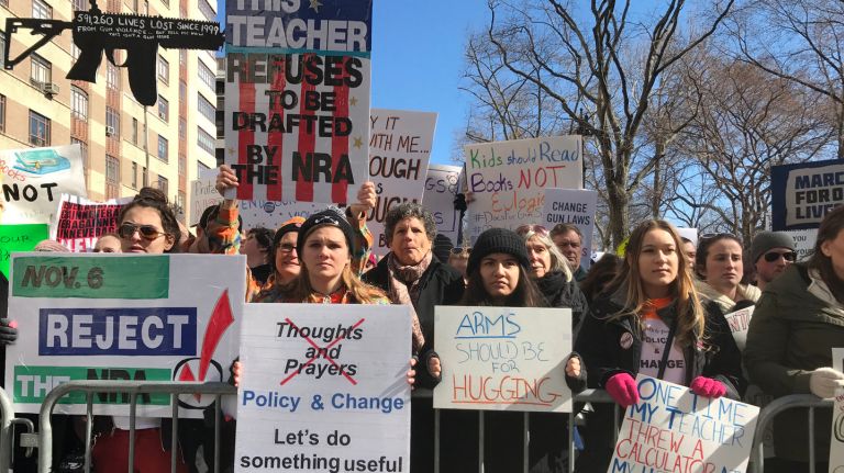 March for Our Lives demonstrators rally against guns Saturday, March 24, 2018, at West 62nd Street and Central Park West. 