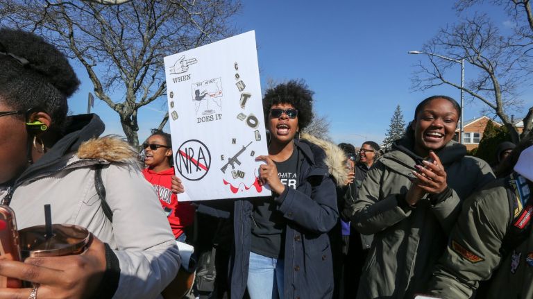 Students make a reasonable plea for their lives 1 Students from Benjamin N. Cardozo High School participate in the national walkout for gun control outside of their school in Bayside, Queens, on March 14, 2018.