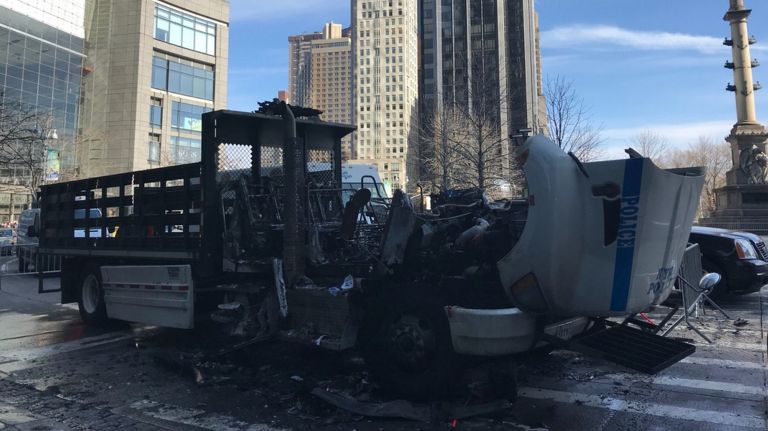 An NYPD truck caught fire in Columbus Circle Thursday morning, the FDNY said.