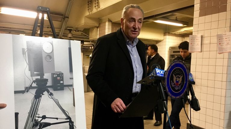 Senate Minority Leader Chuck Schumer called on the TSA to speed up rollout of a device that could potentially detect suicide vests and wearable explosives. Schumer appeared at a news conference at the Lexington Avenue-53rd Street subway station on Sunday, Dec. 17, 2017.