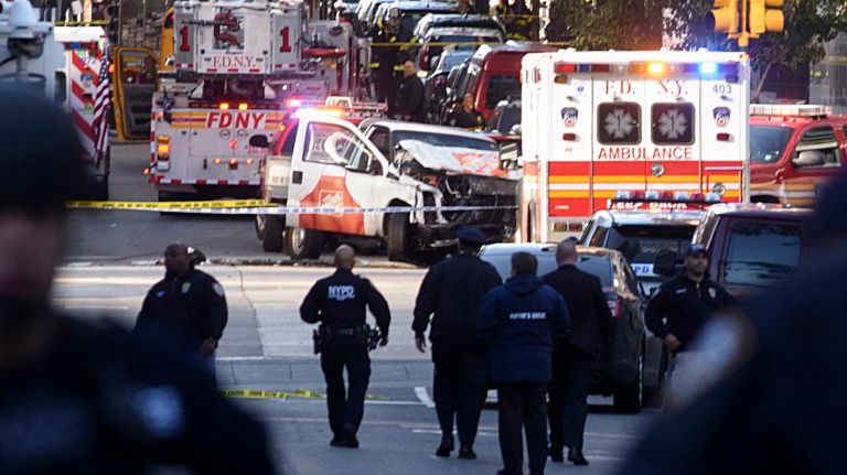 Truck hits people on West Side Highway bike path in lower Manhattan; 8 dead, NYPD says 1 A pickup truck was driven onto a bike path along the West Side Highway in lower Manhattan, resulting in eight deaths, officials said on Tuesday, Oct. 31, 2017.