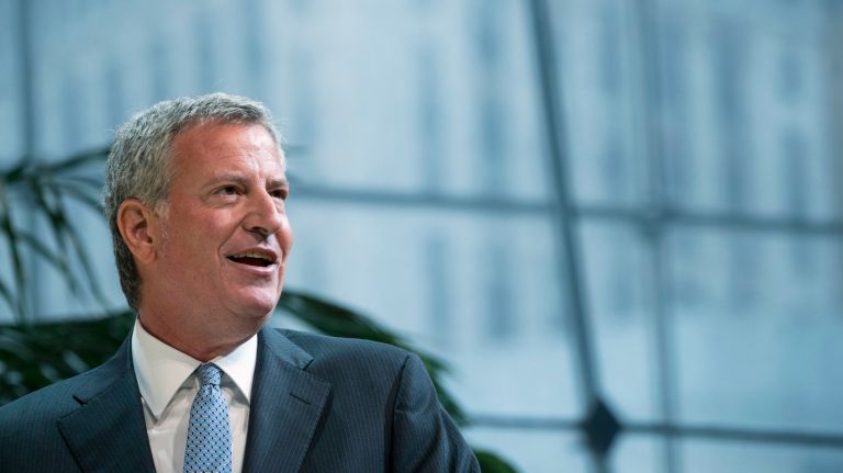 New York Mayor Bill de Blasio delivers remarks during a welcoming address at the 100 Resilient Cities' Global Resilience Summit Monday, July 24, 2017, in Manhattan.