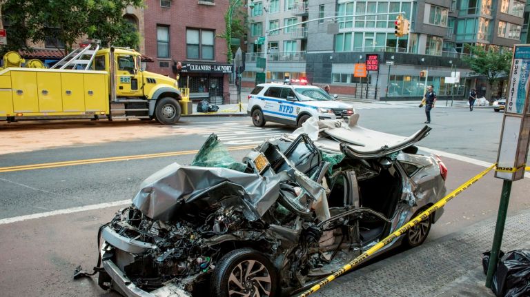 Four people were taken to Bellevue and NYU Hospital after a Honda Civic traveling north on 3rd Avenue at a high rate of speed was struck by a DOT truck that was eastbound on East 34th Street, with both vehicles then smashing into a taxi in Manhattan on Wednesday.