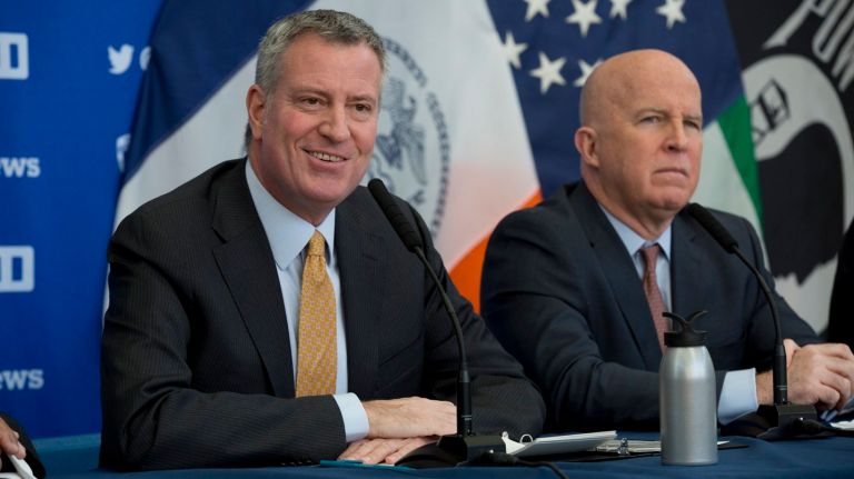 Crime in New York City continued to hit historic lows in January, officials said on Feb. 6, 2017. Above, Mayor Bill de Blasio, left, and Police Commissioner O'Neil discuss crime statistics at a press conference held in the Justice Sonia Sotomayor Community Center in the Bronx on Feb. 6, 2017.