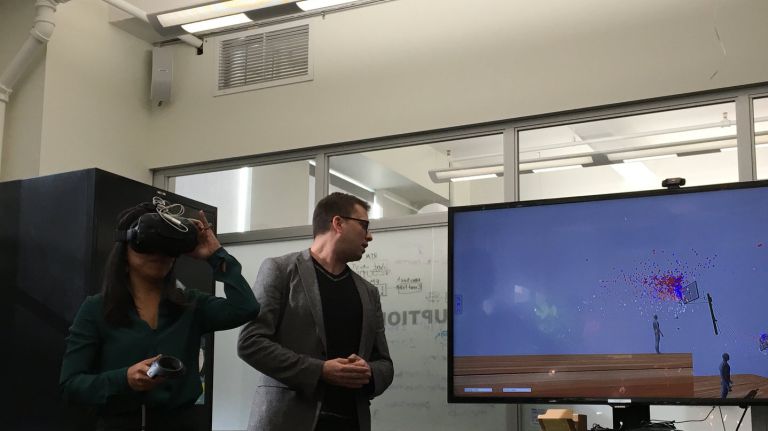 The city's economic development corporation  is getting into the virtual reality game with its first public development lab. Above, EDC President Maria Torres-Springer tests out a VR program with Brian Chirls of datavized. 