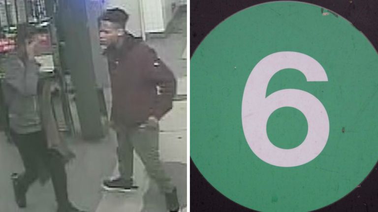 Two men were assaulted on a No. 6 train platform in East Harlem on Thursday, Dec. 1, 2016, police said. The NYPD released a surveillance image, left, of the two suspects wanted in connection with the case.
