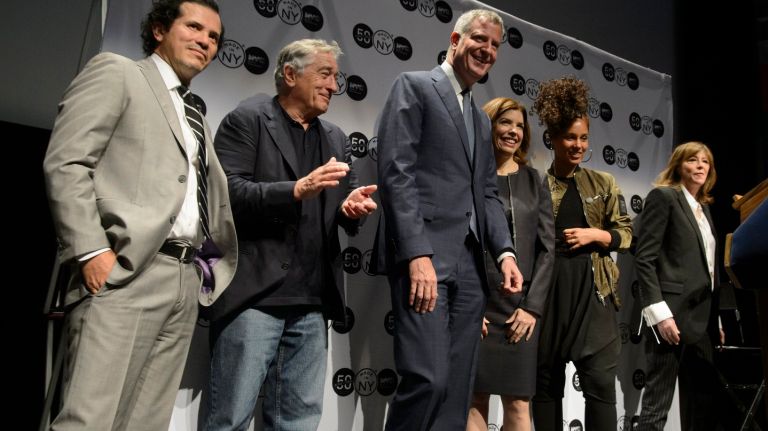 Robert De Niro, Alicia Keys among NYC entertainment ambassadors 1 From left to right: John Leguizamo, Robert De Niro, Mayor Bill de Blasio, Commissioner of the Mayor's Office of Media and Entertainment Julie Menin, Alicia Keys and Jane Rosenthal pose for photographs during a news conference celebrating the 50th anniversary of the New York Office of Film at the Museum of the Moving Image in Queens on Wednesday, June 8, 2016. The industry generates nearly $9 billion annually for the City's economy.