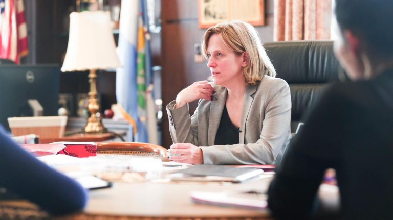 Queens Borough President Melinda Katz listens to a proposal in her office on March 30, 2017.