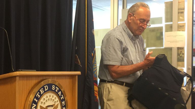 Schumer pitches body armor regulations after mass shootings 1 Sen. Chuck Schumer holds a bullet-resistant vest Sunday at a news conference where he announced planned legislation to regulate the sale of body armor.