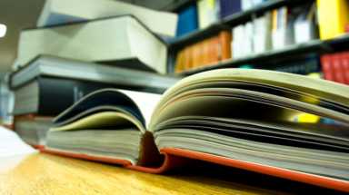 Textbooks in a library.