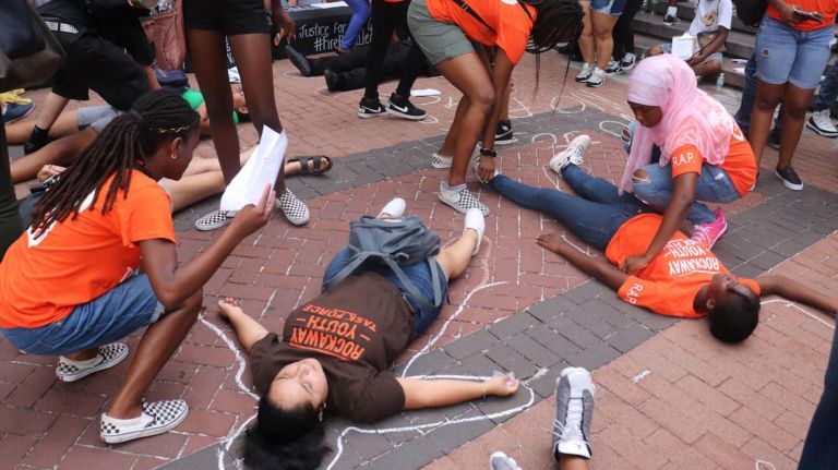 Protesters drew chalk outlines of bodies on the ground outside of One Police Plaza in Manhattan to represent lives lost to police brutality.