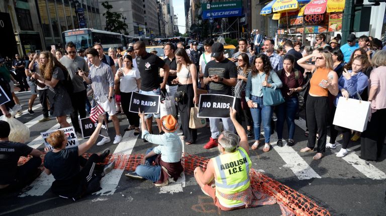 Chanting, "Close the Camps," the demonstrators tied up traffic for an hour until police moved in and arrested 48 people.