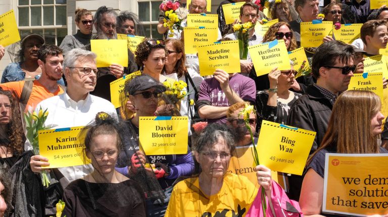 Cyclists need more miles of safe lanes 1 Family members and friends of New Yorkers who have died in traffic crashes show their support for the Vision Zero Street Design Standard bill on May 7, 2019.