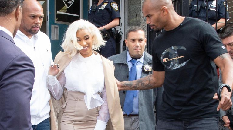 Cardi B leaves the 109th precinct&nbsp;on Oct. 1, 2018, in Queens.
